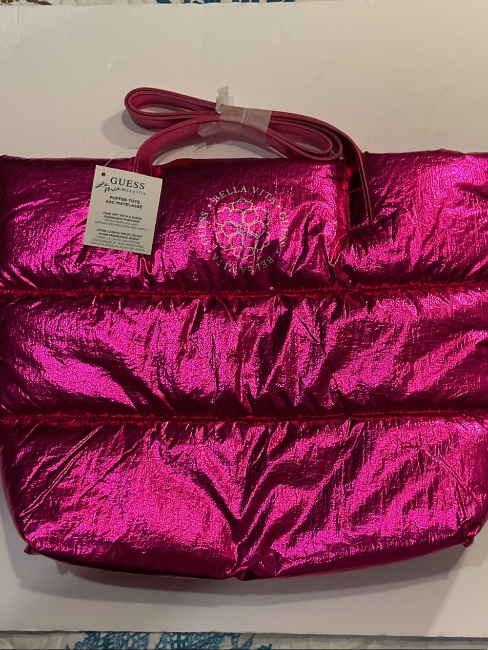 GUESS Metallic Pink Puffer Tote Bag
